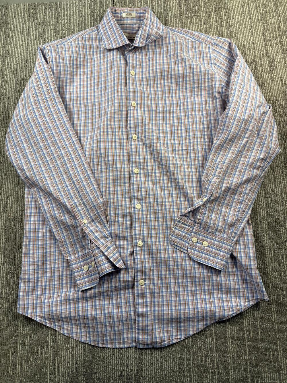 Peter Millar Shirt Mens Medium Blue Orange Plaid Button Front Cotton Dress
